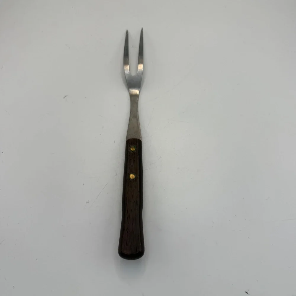 Vintage Flint USA Stainless Steel Carving Fork Wood Handle Arrowhead Logo 11.5in